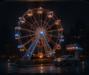 A ferris wheel of orange light points at night