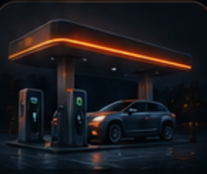 A car charging under the orange canopy of a gas and EV station at night