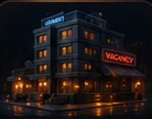 A night hotel with a red neon vacancy sign and warm lit windows
