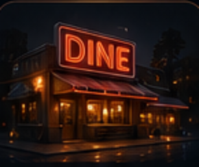 A roadside diner glowing with a neon DINE sign
