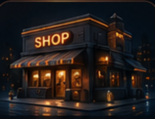 A corner shop at night with a glowing SHOP marquee