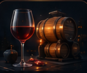 A glass of red wine beside barrels in warm cellar light