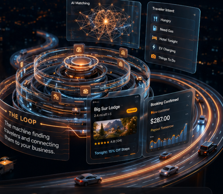 Illustration of the HitDaHiway engine: a glowing circular machine labeled The Loop, wrapped by highways with moving cars and floating panels for AI matching, traveler intent, and a sample confirmed booking