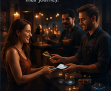 A traveler paying a smiling business owner at a warm candle-lit counter