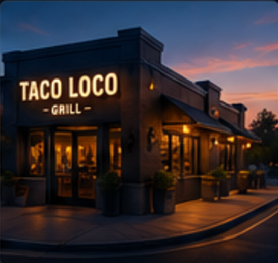 An independent restaurant storefront glowing warmly at dusk
